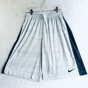 Nike Gym Shorts Mens Size M Dri Fit White Gray Strips Draw‎ Strings Polyester